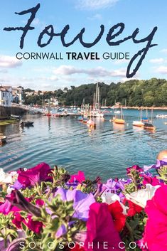 flowers and boats in the water with text overlay that reads, fowey cornwall travel guide