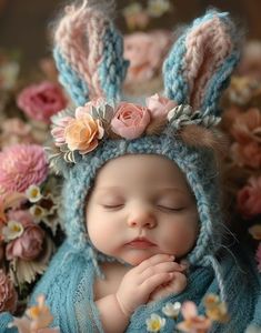 a newborn baby wearing a blue knitted bunny hat with flowers on it's head