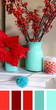 a vase filled with red flowers on top of a mantle next to a candle holder