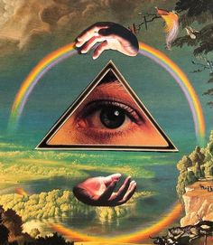 a painting with an eye and two hands reaching out to each other over a rainbow