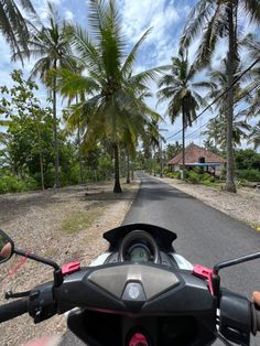 a view from the handlebars of a motorcycle driving down a road lined with palm trees