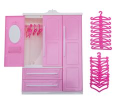 a pink doll's closet and mirror with clothes hanging on the door, next to it