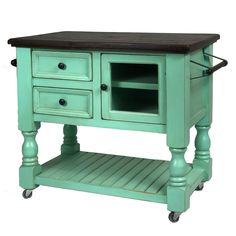 a green wooden table with drawers and wheels