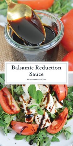 balsamic sauce is being spooned into a salad