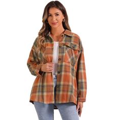 Designed with a loose fit and drop shoulder sleeves, this shirt offers a relaxed and comfortable feel. It drapes effortlessly on the body, allowing for ease of movement and optimal comfort throughout the day. This versatile plaid shirt can be dressed up or down for various occasions. Pair it with jeans and sneakers for a laid-back weekend look, or tuck it into a skirt and add heels for a more polished ensemble. It seamlessly transitions from day to night. Crafted from materials, this shirt is so Cheap Trendy Flannel Shirt With Pockets, Cheap Spring Flannel Shirt, Cheap Plaid Shirt For Day Out, Women's Plaid Shirt Casual, Plaid Women Shirt, Women Check Shirt, Cheap Relaxed Fit Flannel Shirt For Spring, Cheap Plaid Summer Blouse, Cheap Flannel Shirt For Spring