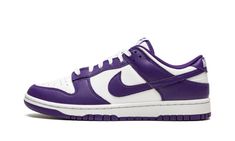 The Nike Dunk Low “Court Purple” is a two-tone, white-and-purple colorway of the retro basketball shoe that was released in 2022.  The “Court Purple” Dunk Low features a white leather base with contrasting Court Purple overlays and Swoosh branding.  White “Nike” branding is embroidered on the heel and Court Purple “Nike” and Swoosh detailing are printed on the white nylon tongue tag on the white nylon tongue.  A two-tone, white midsole and Court Purple rubber outsole completes the look. Dunk Low Court Purple, Mid Jordan 1, Low Jordan 1, All Jordans, Retro Basketball Shoes, Purple Nikes, Sneaker Lovers, Nike Sb Dunks Low, Nike Sb Dunk