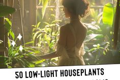 a woman standing in front of plants with the words, 50 low - light houseplants