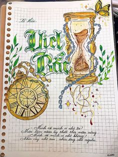 an open notebook with writing on it and a drawing of a hourglass in the middle