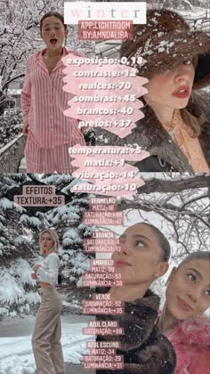 an advertisement for a fashion show with two women standing in the snow and one woman looking up