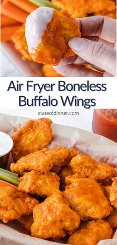 Two images - one of a boneless wing dipped in ranch, the other of a basket or wings. Air Fryer Boneless Chicken Wings, Super Bowl Wings, Boneless Buffalo Wings, Fried Wings, Super Bowl Menu, Boneless Chicken Wings, Buffalo Chicken Wings, Game Day Appetizers