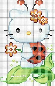 a cross stitch pattern with a hello kitty holding a ladybug on it's back