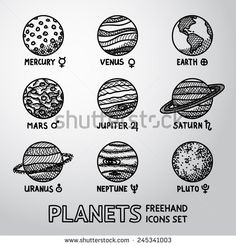 the planets and their names in black ink on a white background with space shuttles