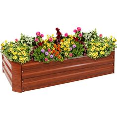 a wooden planter filled with lots of colorful flowers on top of a white background