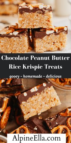 chocolate peanut butter rice krispie treats stacked on top of each other with text overlay