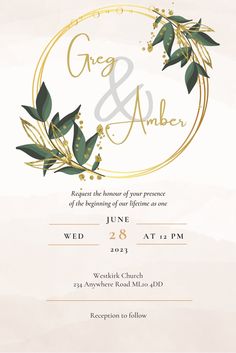 an elegant wedding card with gold and green leaves