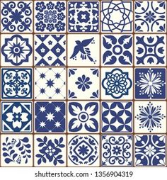 blue and white tiles with different designs