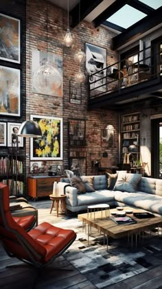 a living room filled with furniture and bookshelves next to a brick wall covered in pictures