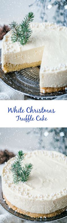 two photos of a white christmas truffle cake