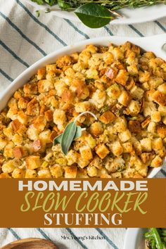 homemade slow cooker stuffing in a white dish