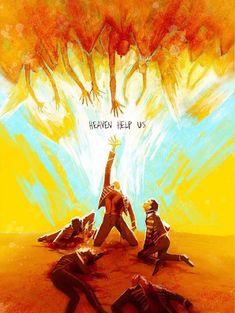 the poster for heaven help us shows two men reaching up into an orange tree with their hands in the air