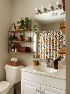 a bathroom with a toilet, sink and shelves above the vanity area is shown in this image