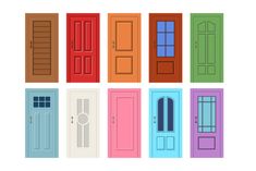 six different colored doors with one open and the other closed in various colors on a white background