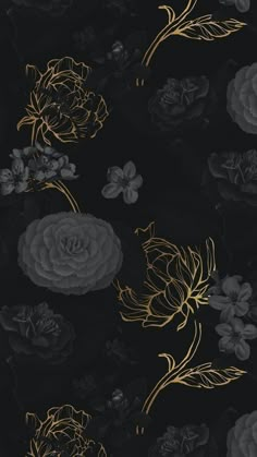 black and gold floral wallpaper with flowers on the left hand side, in front of a dark background