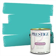 a blue paint can with the words prestige on it