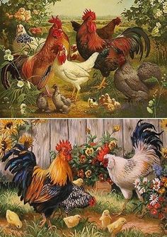 two pictures of chickens and roosters in the grass, one with flowers on it