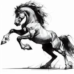 a black and white drawing of a horse with it's rear legs in the air