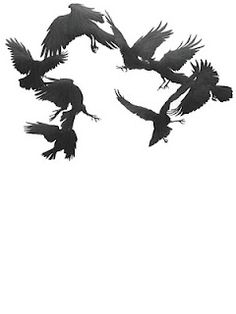 four black birds flying in the sky with their wings spread out and one bird has it's beak open