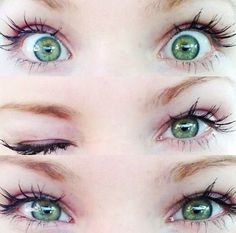 three different views of the eyes of a woman with long lashes and green eyeshades