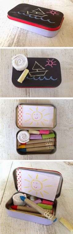 three different views of an open pencil box with writing on the inside and in the outside