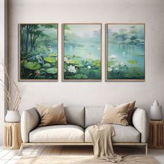 a living room with two paintings on the wall