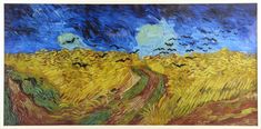 a painting of a wheatfield with crows flying over it