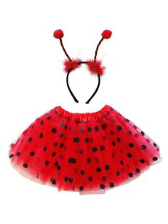 a red and black polka dot tutu skirt with matching headband, ears and tail