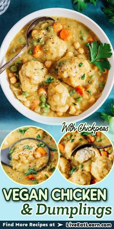 Photo of vegan chicken and dumplings made with chickpeas Tofurky Roast, Vegan Chicken And Dumplings, Biscuit Dumplings, Gluten Free Dumplings, Chicken Dumpling, Chicken Dumpling Soup, Southern Recipe, Dumpling Soup, Vegan Chicken