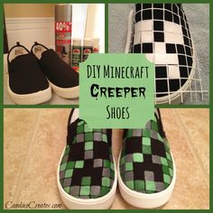 a pair of black and green checkered slippers with the words diy minecraft creeper shoes