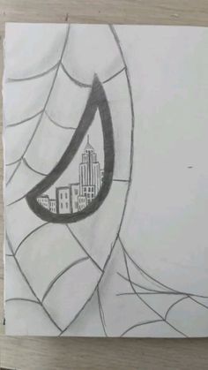 a drawing of a spider web with buildings in the background