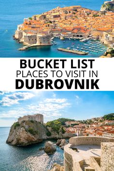 Aerial view of Dubrovnik old town; Fort Lovrijenac with view of the coast; text: Bucket list places to visit in Dubrovnik. Things To Do In Croatia Bucket Lists, Dubvronik Croatia, Visiting Croatia, Croatia Bucket List, Bucket List Places To Visit, Croatia Island Hopping, Travel 2025, Bucket List Places