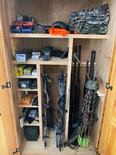 Diy Hunting Gear Storage, Hunting Storage Ideas Garage, Hunting Wader Storage, Small Hunting Closet Ideas, Archery Equipment Storage, Hunting Organization Ideas, Hunting Gear Room Ideas, Hunting Equipment Storage Ideas