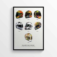 a framed poster with different helmets on the front and back of it in black frame