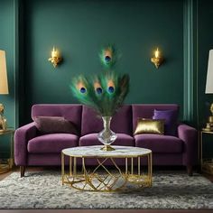 a living room with green walls, purple couch and peacock feathers on the coffee table