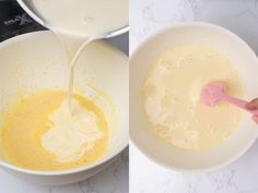 two pictures side by side showing batter being poured into a bowl