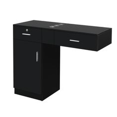 a black desk with two drawers and one drawer on the top, in front of a white background