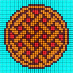 an image of a cross stitched pie on a blue and green background with red dots