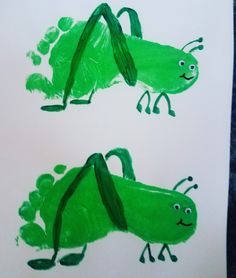 two children's drawings of green bugs on white paper