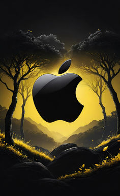 an apple logo is shown in front of some rocks and trees with the sun behind it