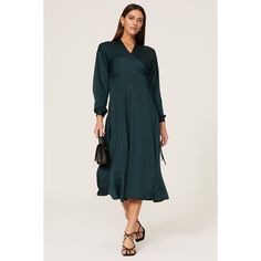 Green satin (100% Polyester). Hourglass. V-neck. Long sleeves. Tie closure. 48.5" from shoulder to hemline. Made in USA of imported fabric. Green V-neck Surplice Dress For Spring, Green V-neck Surplice Dress For Evening, Chic Green V-neck Long Sleeve Dress, Green V-neck Wrap Dress With Tie Waist, Green V-neck Shirt Dress, Rent The Runway, Green Satin, Dress First, Green Dress