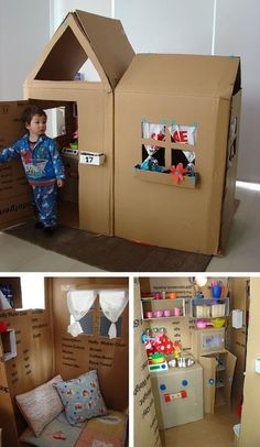 there are two pictures of cardboard houses with kids in them and one is made out of cardboard